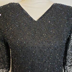 Black 100% Pure Silk Beaded V Neck Top Blouse womens S small Evening Cocktail